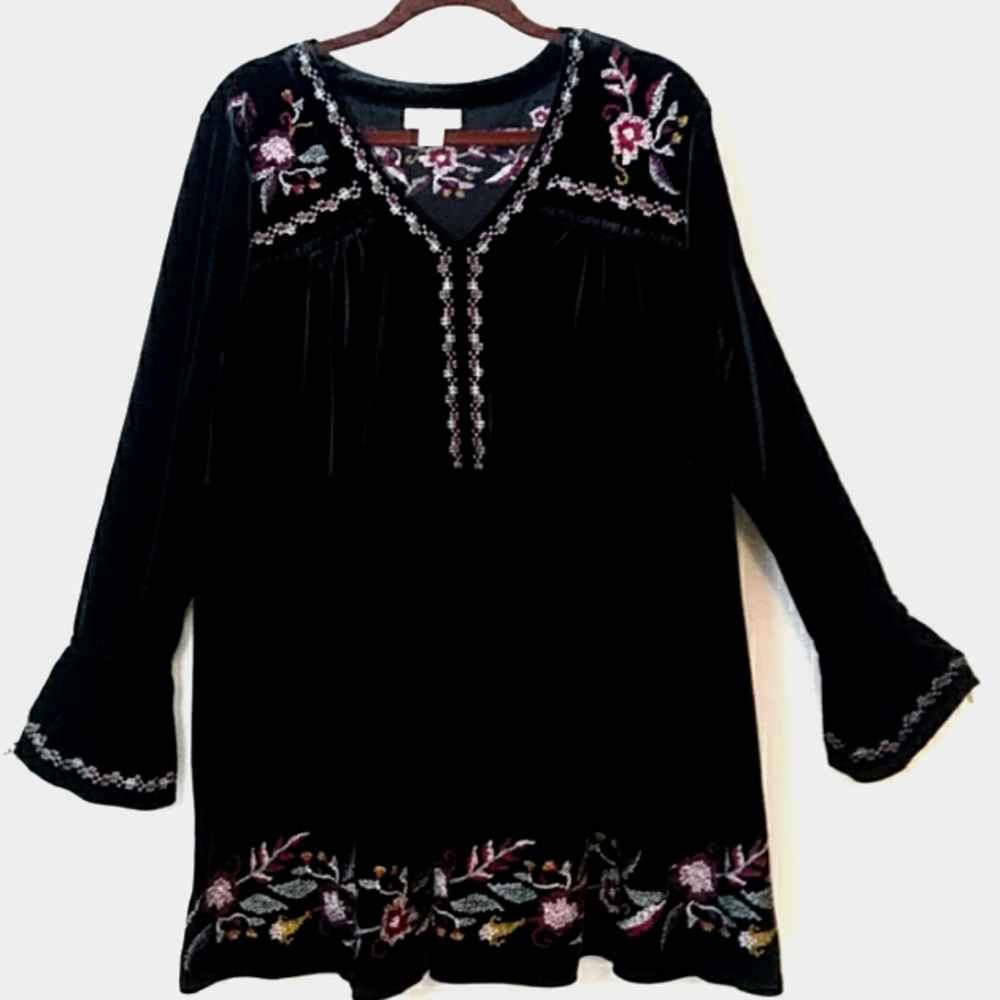 Style & Co Dress Long Black Crushed Velvet Embroidered Dress